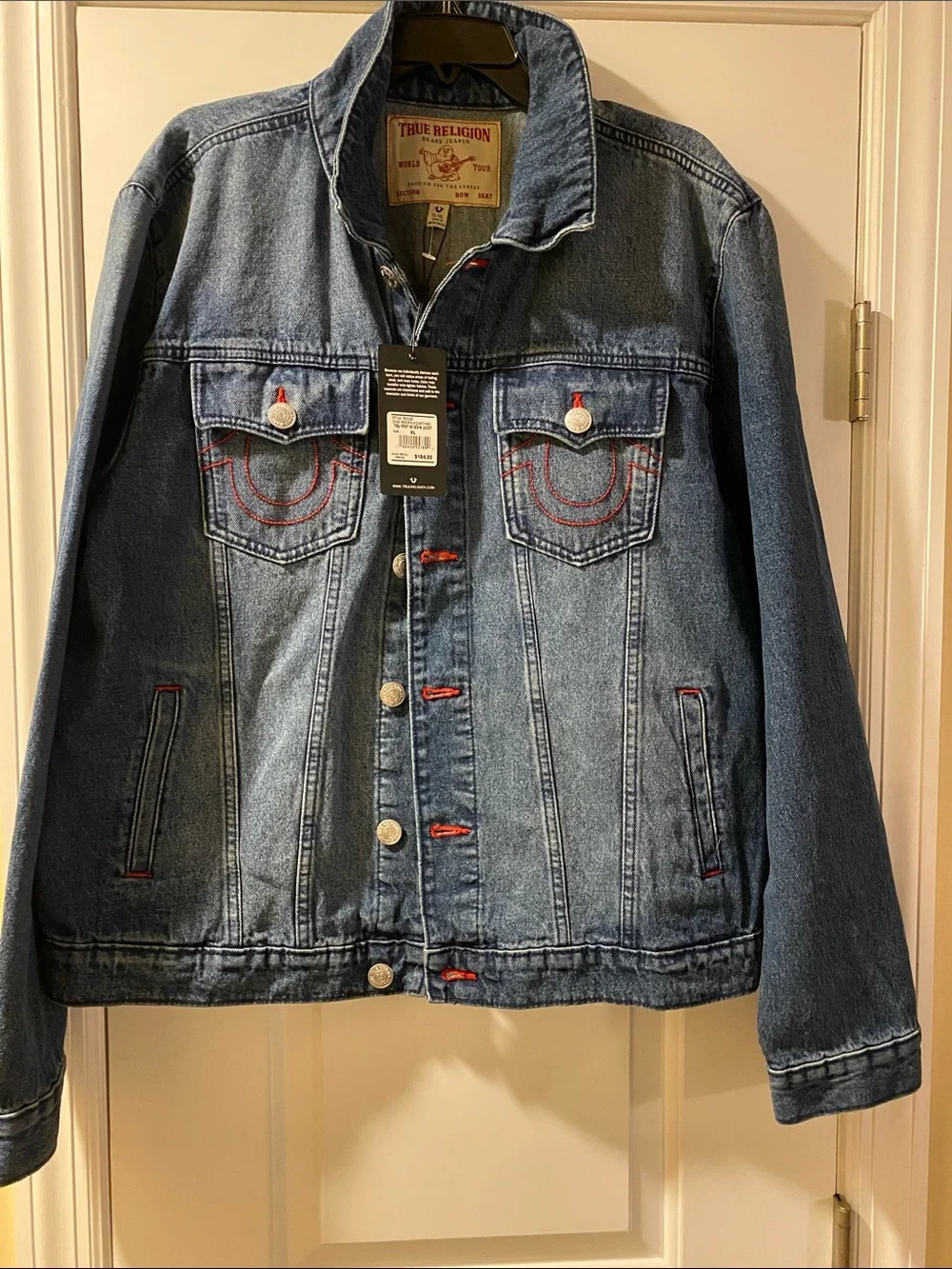 True Religion Cotton Stretch Logo Print Red Thread Blue Denim Jacket NWT